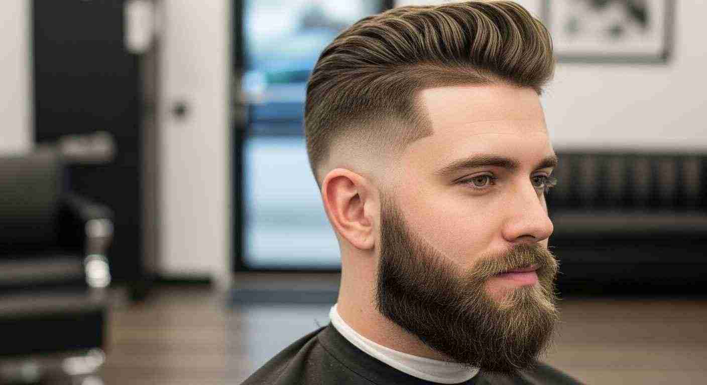 Medium Taper Fade Hacks for a Sharp Clean Look 21 A man with a beard and a medium taper fade haircut, showcasing a stylish integration of hair and facial hair.