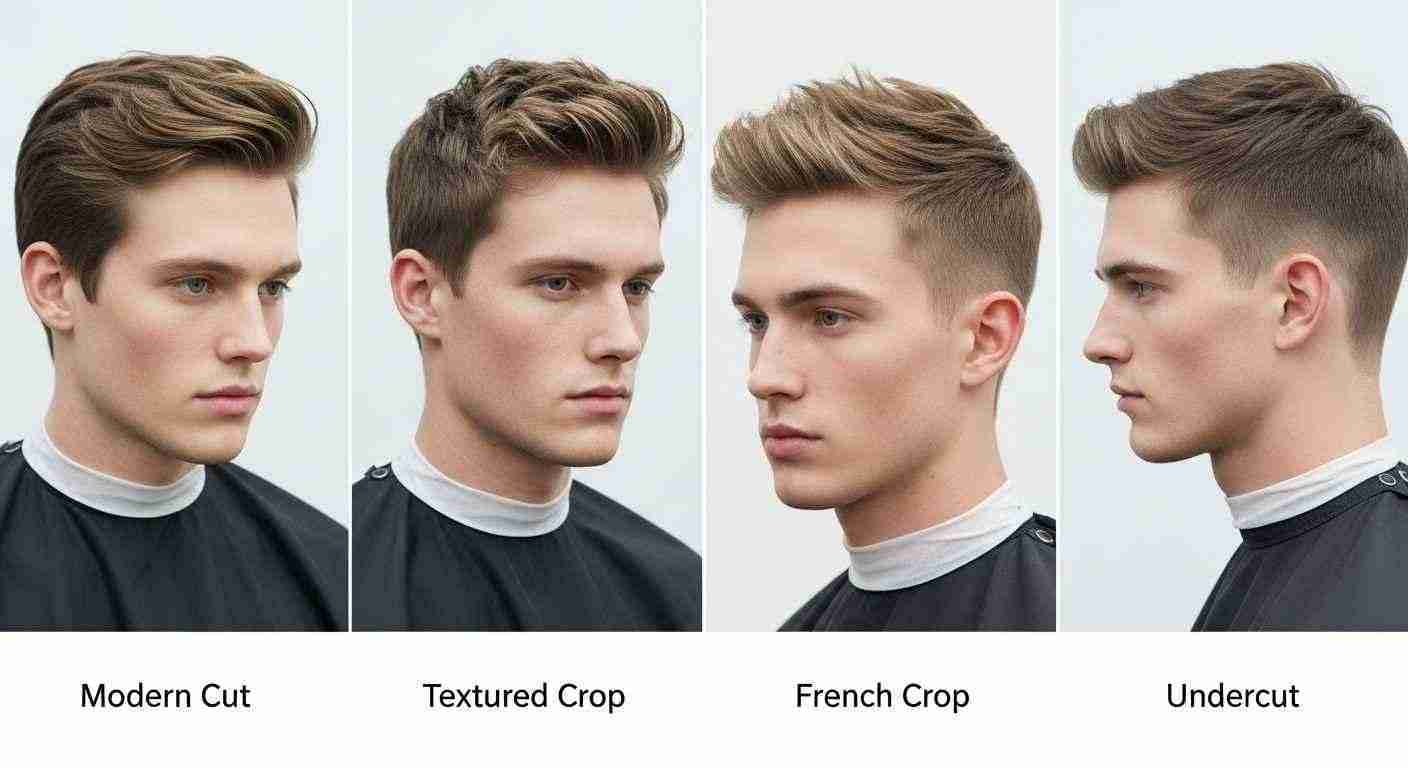 Short Haircuts for Men Barber Approved Styles You Must Try 3 A man showcasing various hairstyles: Modern Cut, Textured Crop, French Crop, and Undercut.
