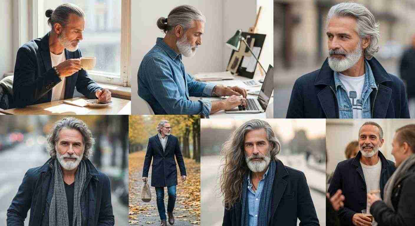 A collage featuring various men over 40 showcasing diverse styles of long beards for mature hair types.