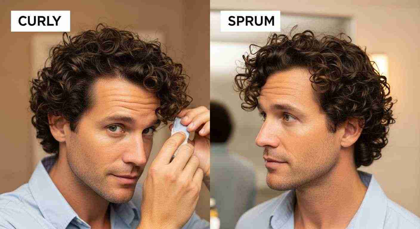 Two images of a man with curly hair, showcasing styling tips for different hair types: curly, thick, thin, and straight. 