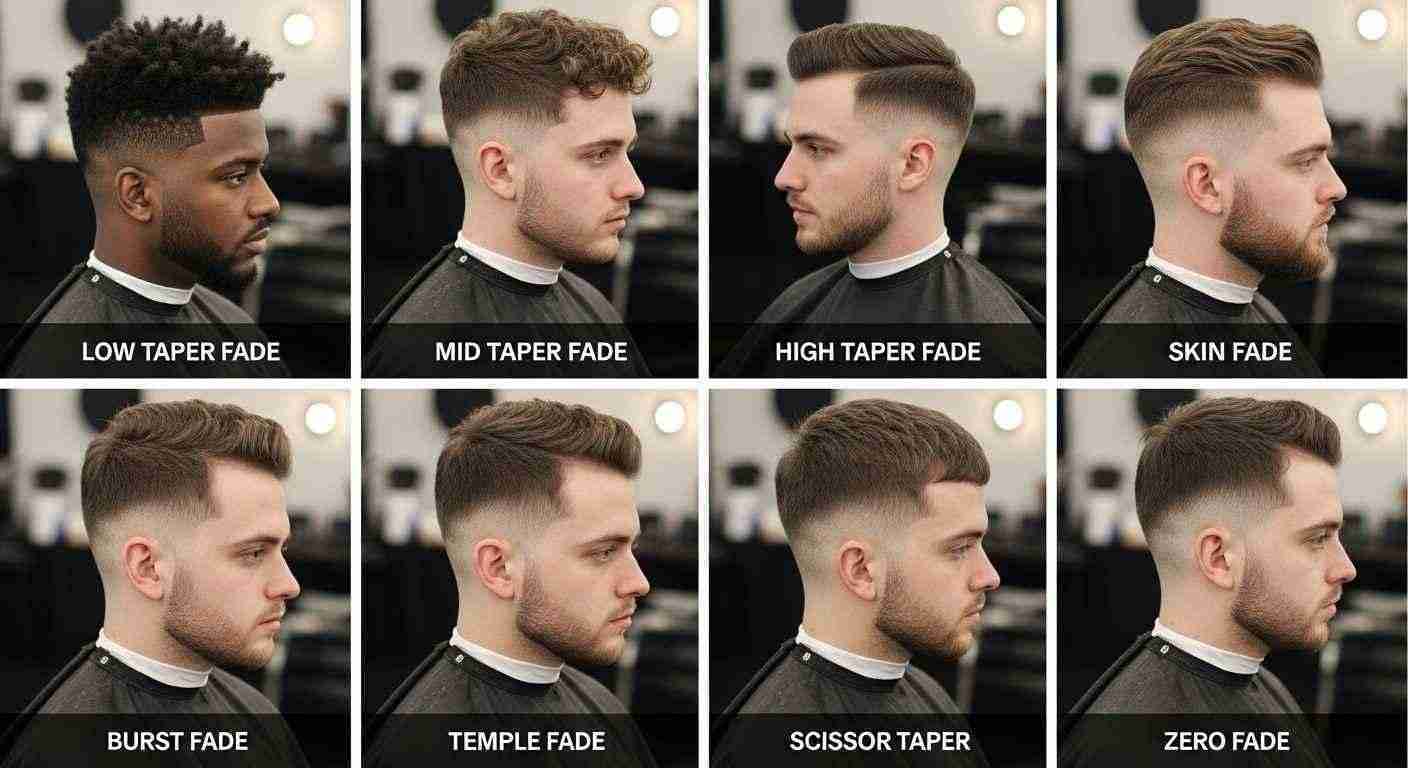  A collage of trendy men's hairstyles with tips on communicating with barbers and basic styling techniques.