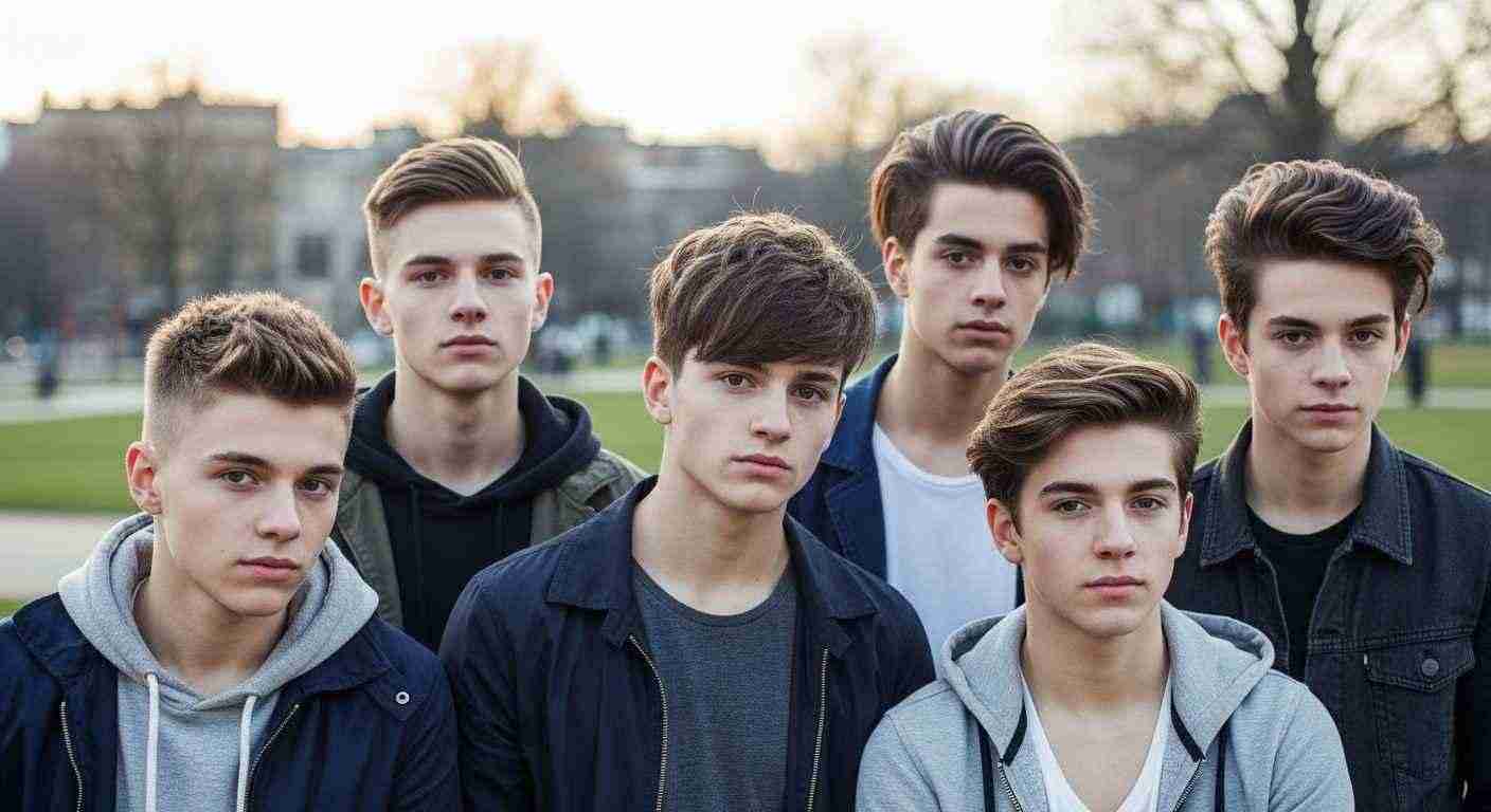  Five young men stand together in a park, showcasing various hairstyles as they embrace their unique styles.