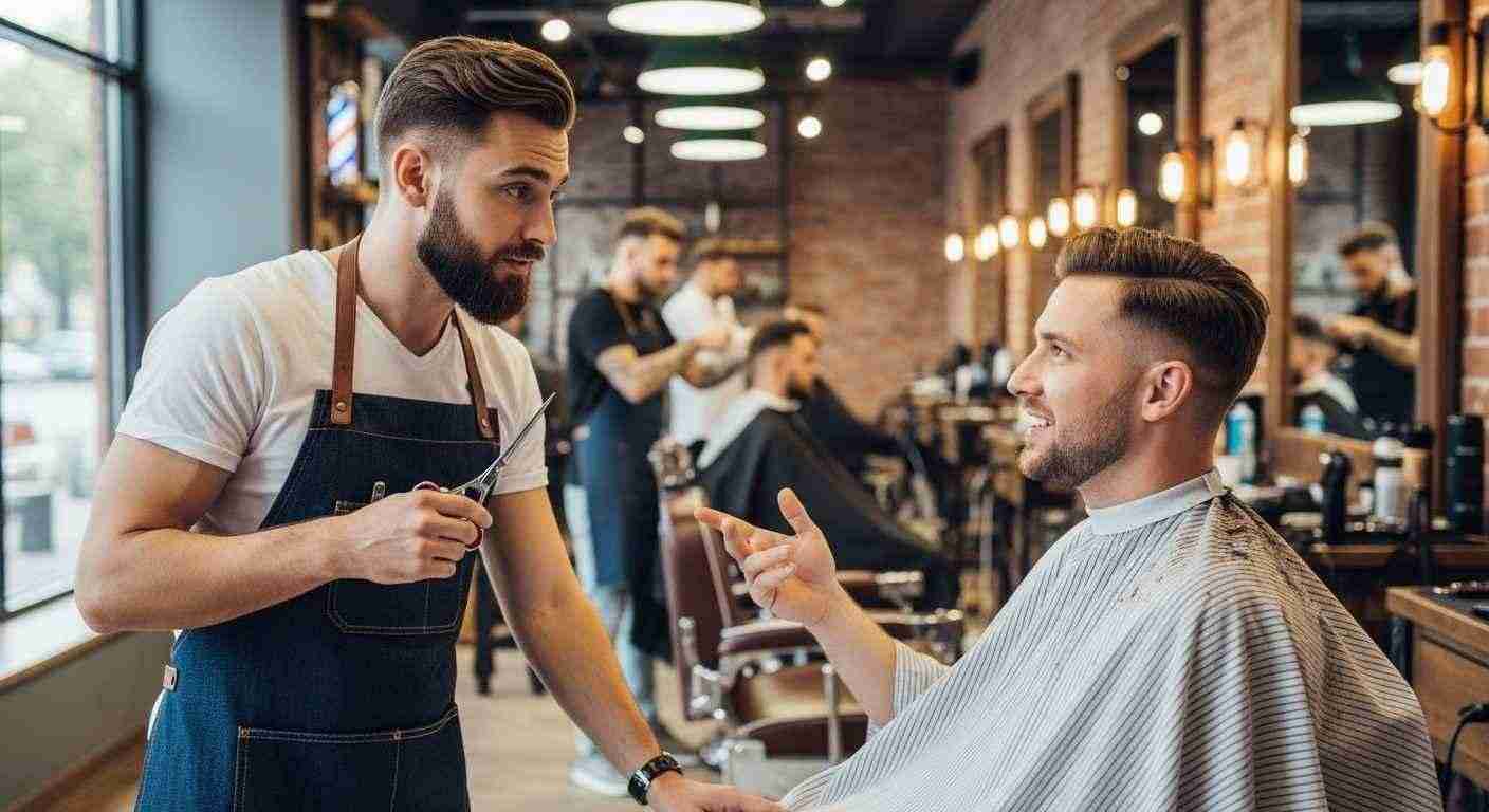 Medium Taper Fade Hacks for a Sharp Clean Look 25 A man converses with another man in a barber shop, discussing hairstyle preferences and grooming tips.