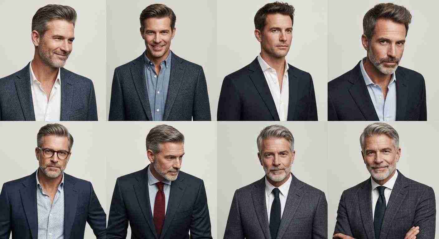 Short Haircuts for Men Barber Approved Styles You Must Try 15 A collage featuring mature men in suits and ties, showcasing various styles and expressions related to professional attire.
