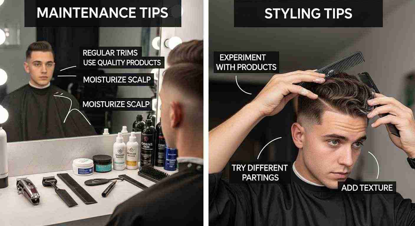 Medium Taper Fade Hacks for a Sharp Clean Look 5 Two images of a man receiving a haircut, illustrating maintenance and styling tips for hair care.