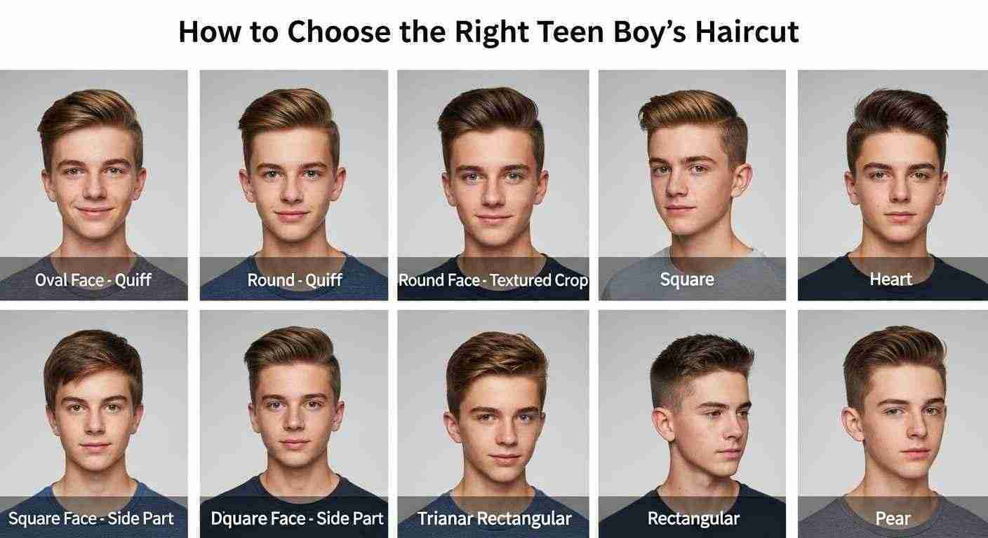 Guide on selecting the perfect haircut for teenage boys, featuring styles and tips for different hair types.