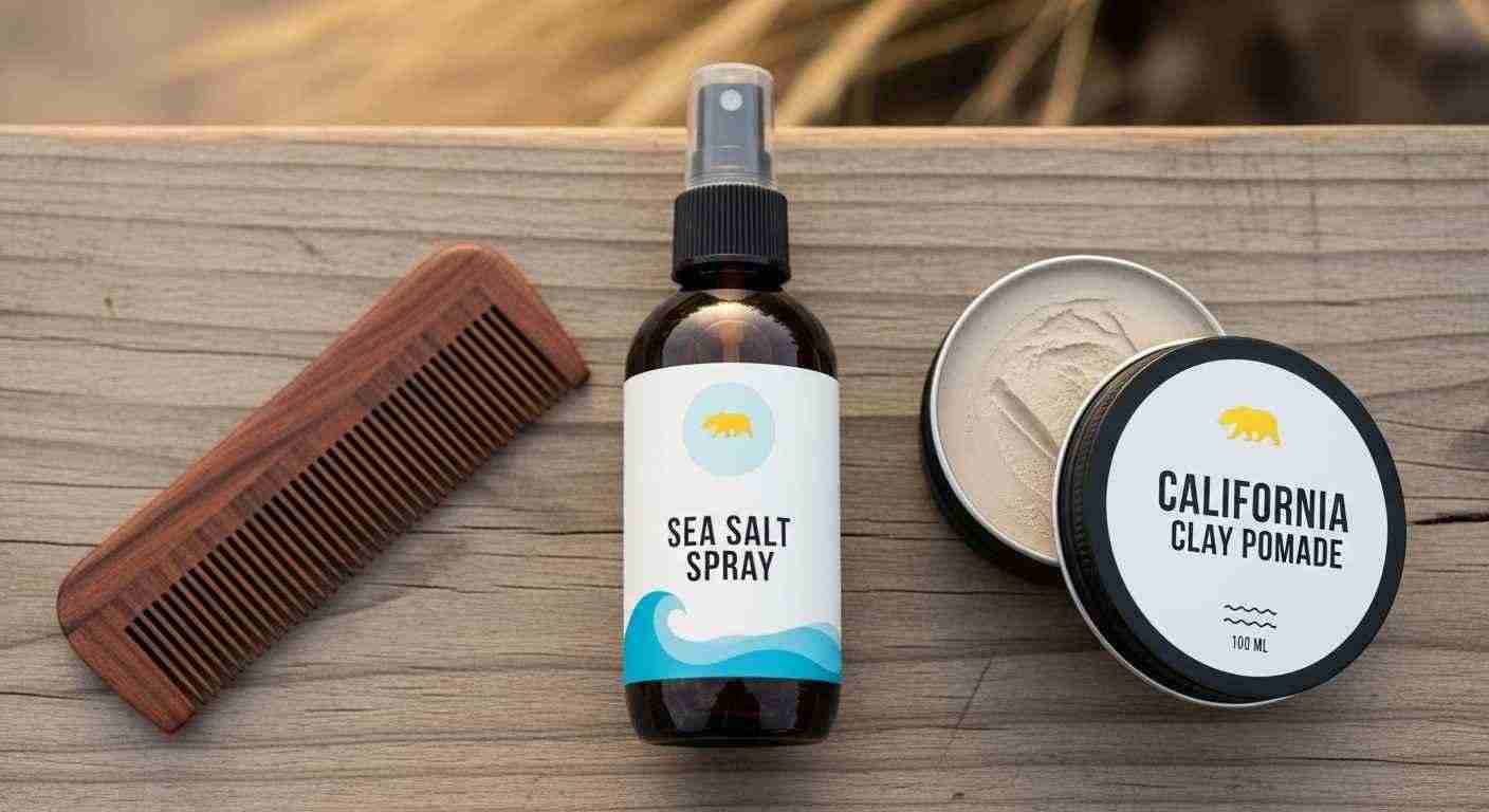 Short Haircuts for Men Barber Approved Styles You Must Try 21 A bottle of sea salt and a comb placed on a wooden table, representing styling products and tools for hair care.
