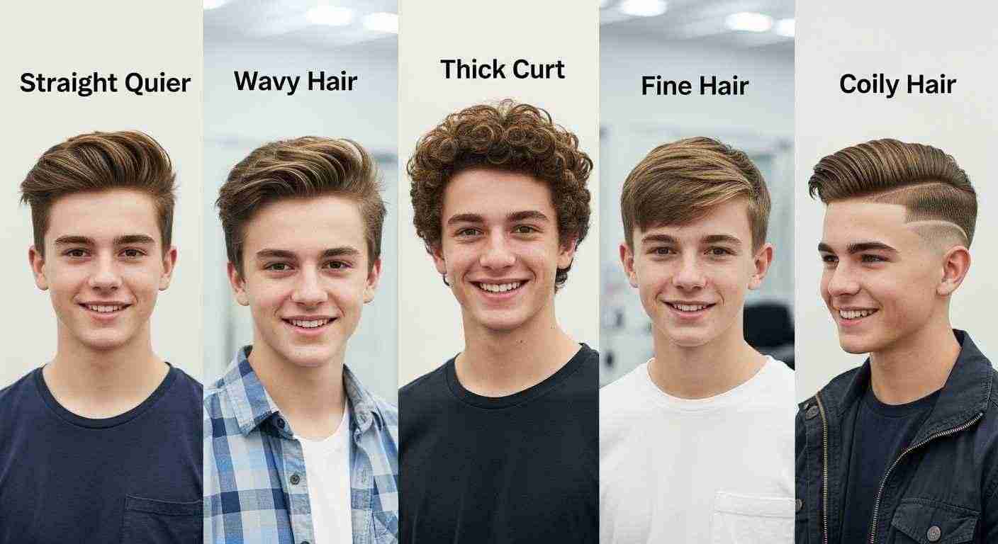 A collage showcasing trendy hairstyles for teen boys, highlighting options for various hair types and styles.
