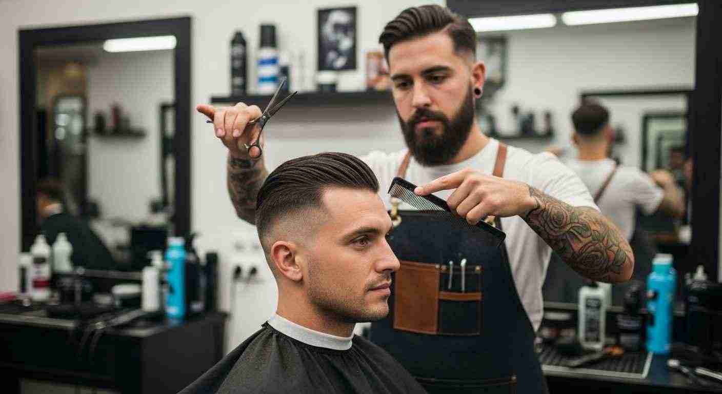 Short Haircuts for Men Barber Approved Styles You Must Try 17 A man receives a haircut from a barber in a well-lit barbershop, focusing on the haircutting process.