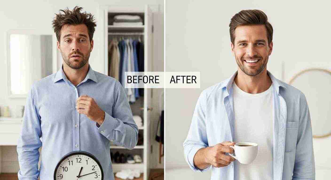 Before and after images of a man with a clock and coffee, illustrating quick morning fixes for busy schedules.