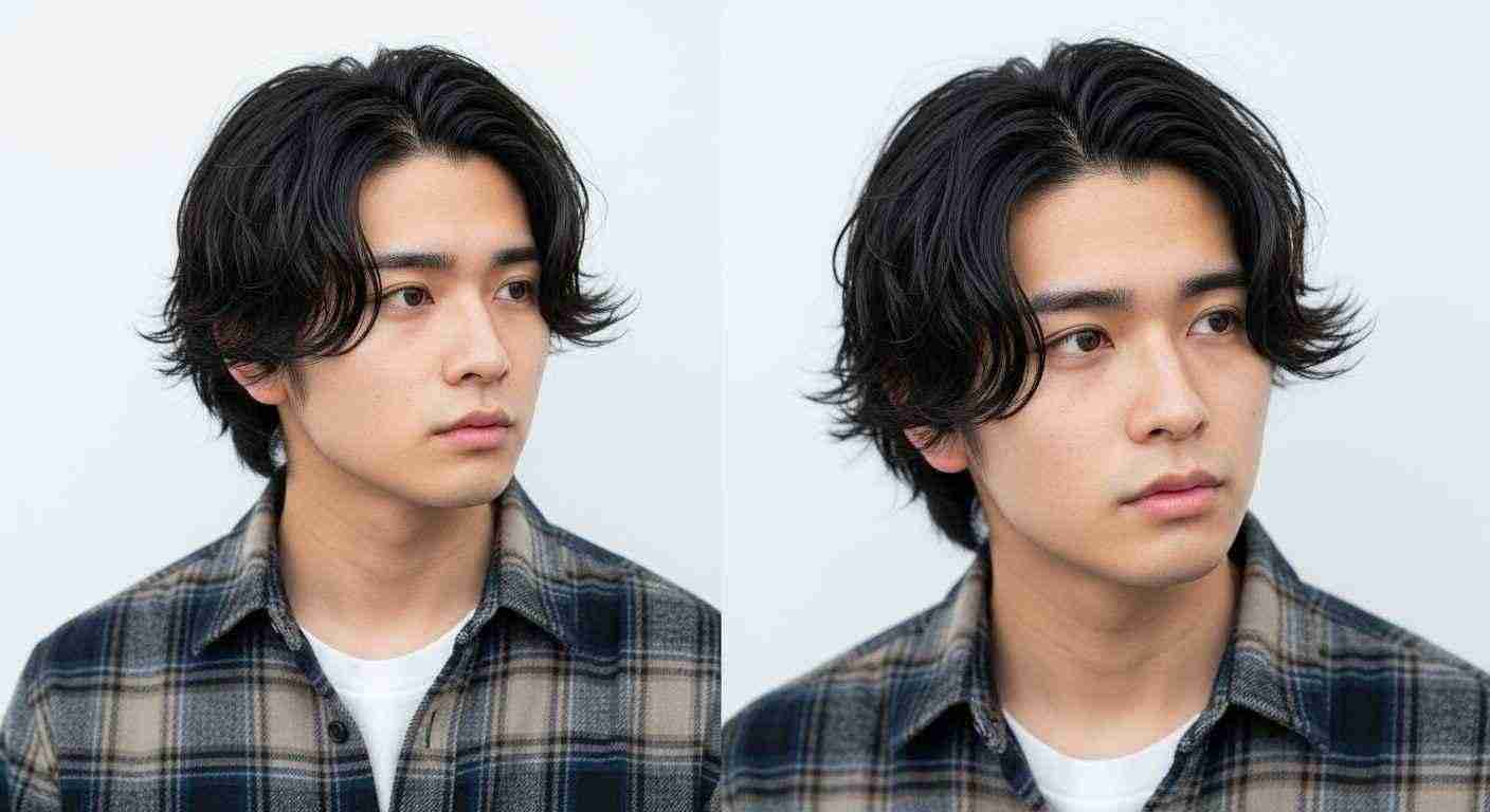 Two images of a young man with long hair showcasing casual and trendy fashion styles.