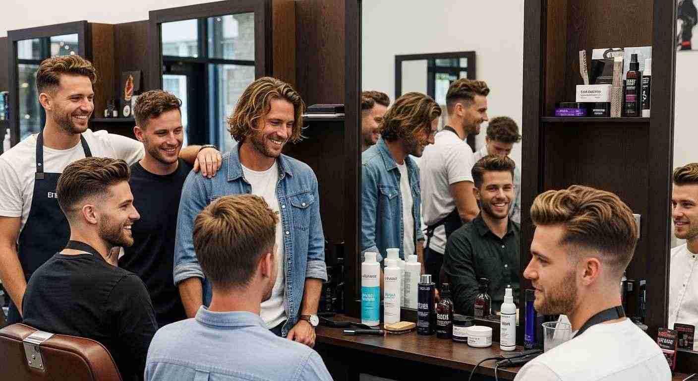 A group of men chatting and getting haircuts in a barber shop, showcasing low-maintenance grooming styles. 