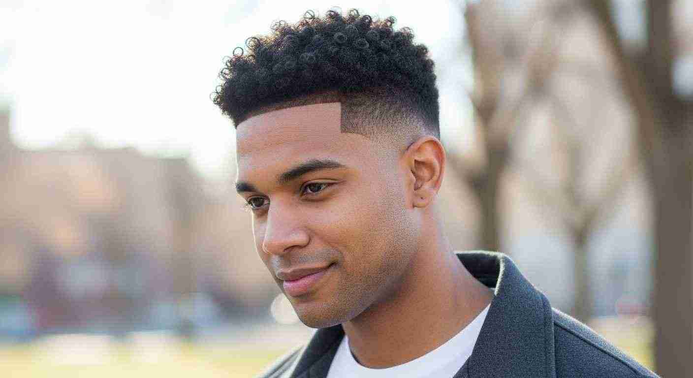 Medium Taper Fade Hacks for a Sharp Clean Look 17 A man with a medium taper fade haircut featuring curls is looking directly at the camera.
