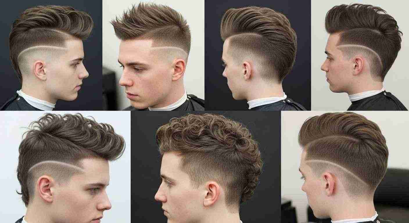  A collage showcasing various men's Mohawk fade haircut styles and variations. 