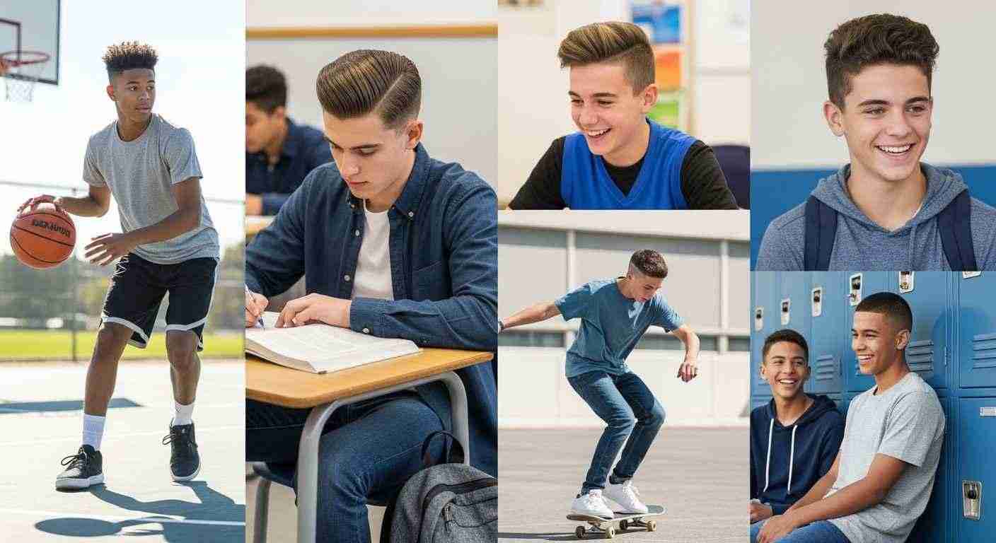 A collage of boys engaged in basketball, showcasing their active lifestyle and camaraderie in sports and school settings.