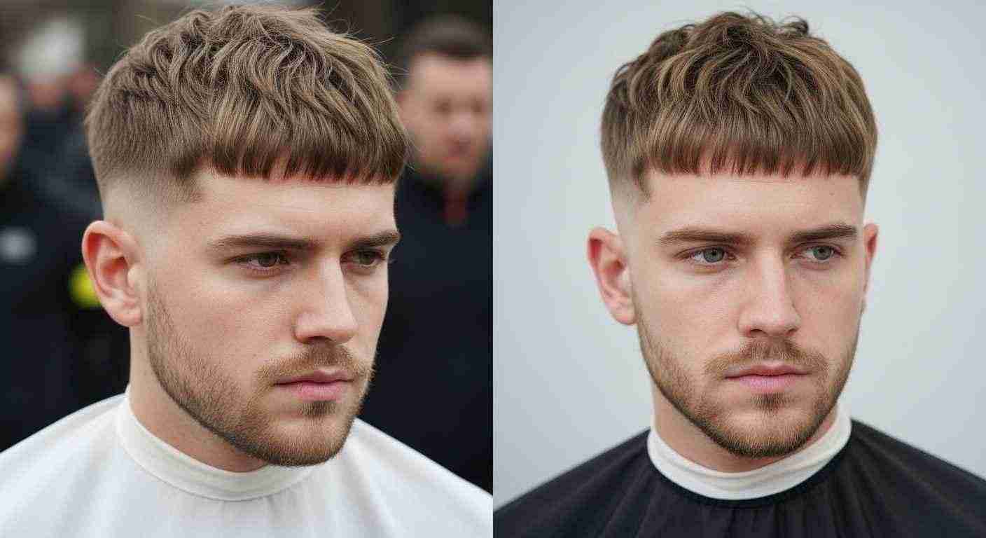 Proven Mens Hairstyles Every Man Should Try Right Now 5 Two images of a man with a short haircut, showcasing styles suitable for square face shapes.