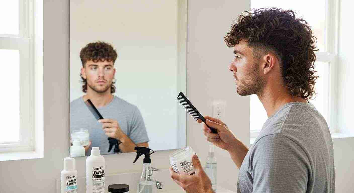 Curly Mullet: 5 Styles That Work: and 3 Cuts That Kill Your Natural Texture 11 A man with curly hair styles his hair in front of a mirror, embodying the theme of daily grooming made simple.