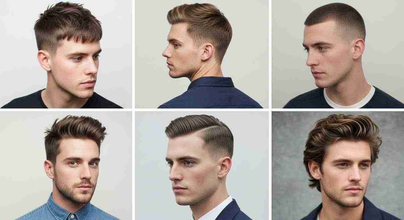 A collage of men's everyday low-maintenance hairstyles showcasing various styles and lengths for easy grooming. 