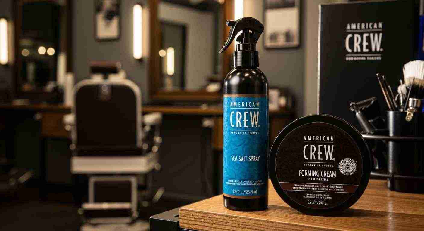 A barber shop featuring two bottles of American Crew Forming Cream on a countertop, highlighting grooming products.