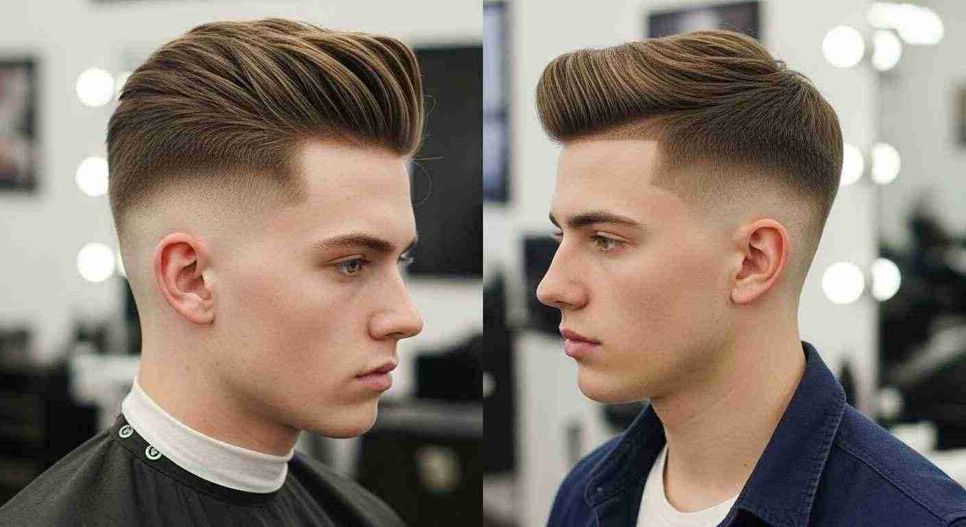 Medium Taper Fade Hacks for a Sharp Clean Look 11 Two men with high and medium fade haircuts sit in a barber shop, discussing styles while waiting for their turns.