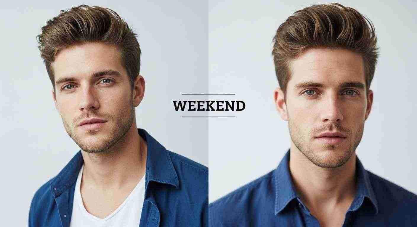 Two men standing together, with the words "weekend" and "weekend" displayed, representing daily styling routines.