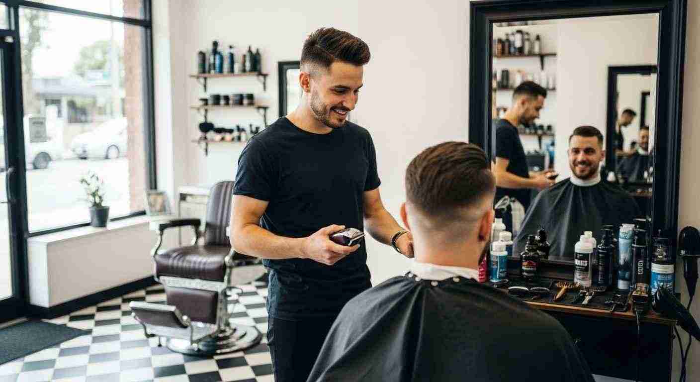 Undercut Fade Haircuts That Instantly Upgrade Your Style 17 A man receives an undercut fade haircut from another man in a barbershop setting.