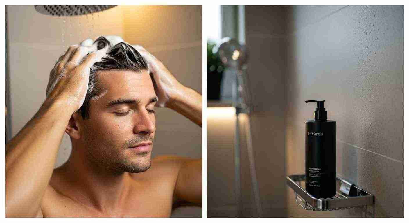  A man washes his hair in the shower, focusing on his hair care regimen for cleanliness and split-end prevention.