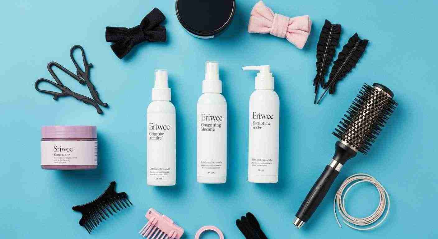  Hair care products including shampoo, oils, and accessories displayed on a blue background.