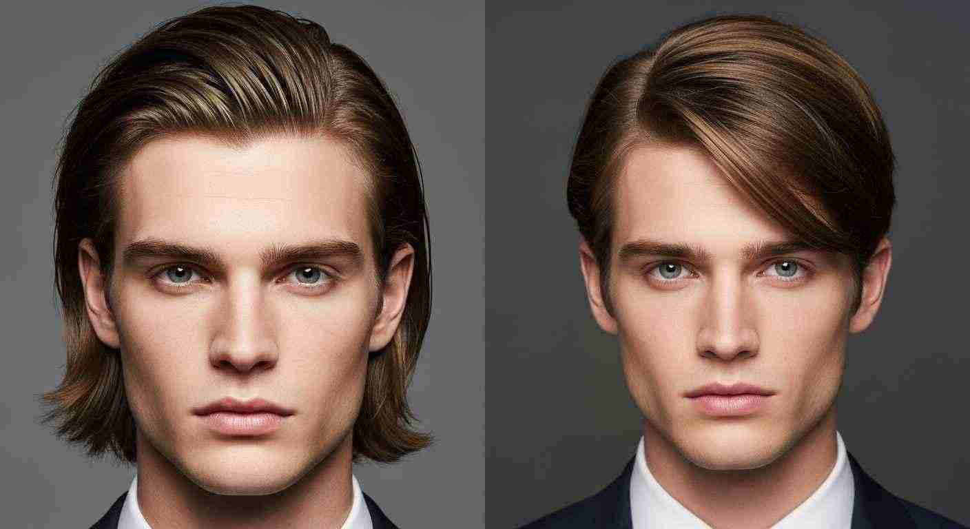 Two men with shoulder-length haircuts and middle parts, showcasing distinct hairstyles and styles.
