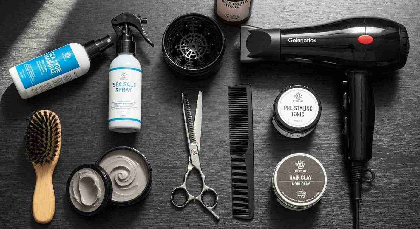 Proven Mens Hairstyles Every Man Should Try Right Now 17 A selection of daily hair care products displayed on a table, including shampoos, conditioners, and styling tools.