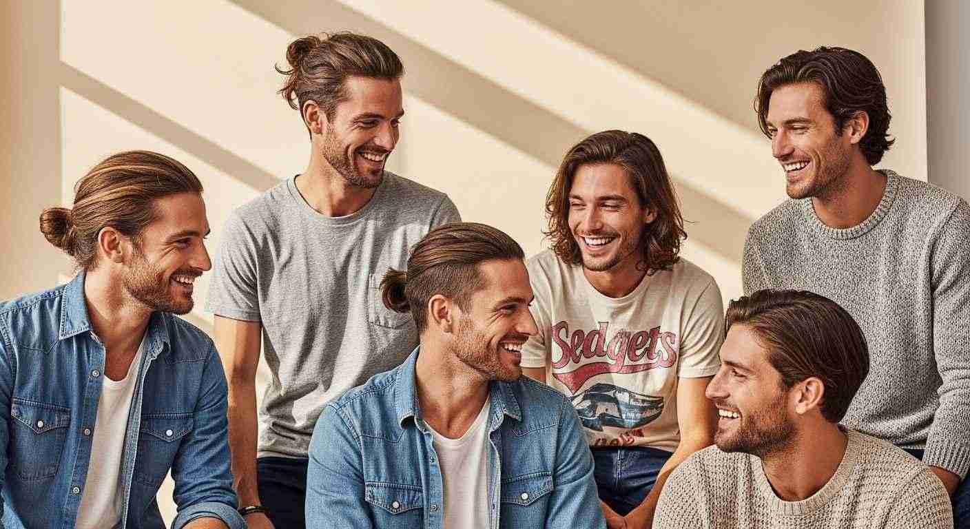 A group of men sitting together, smiling, dressed in casual weekend attire with various hairstyles.