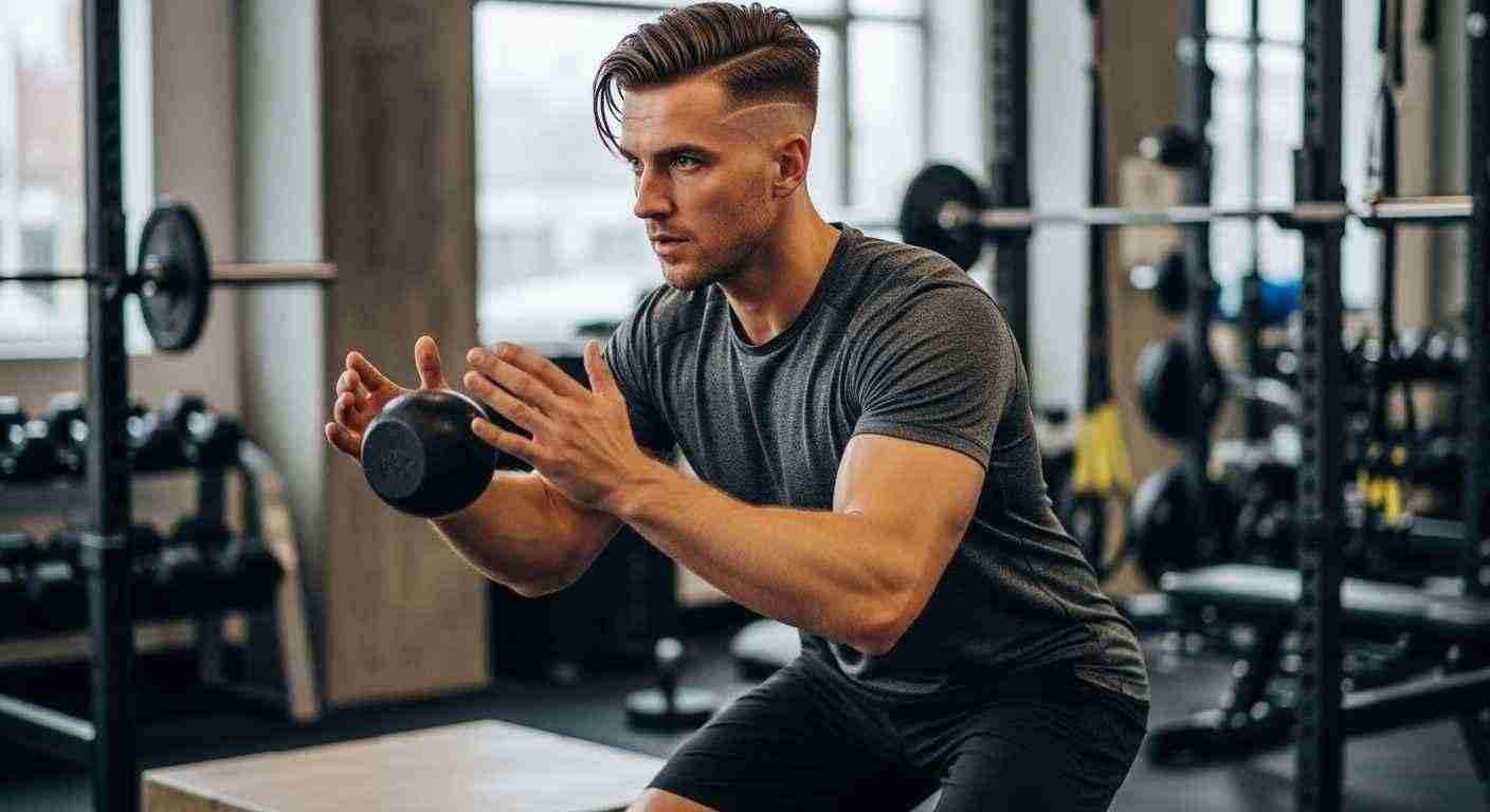 Undercut Fade Haircuts That Instantly Upgrade Your Style 15 A man with a fit undercut fade performs a squat in a gym, focusing on his form and strength training.