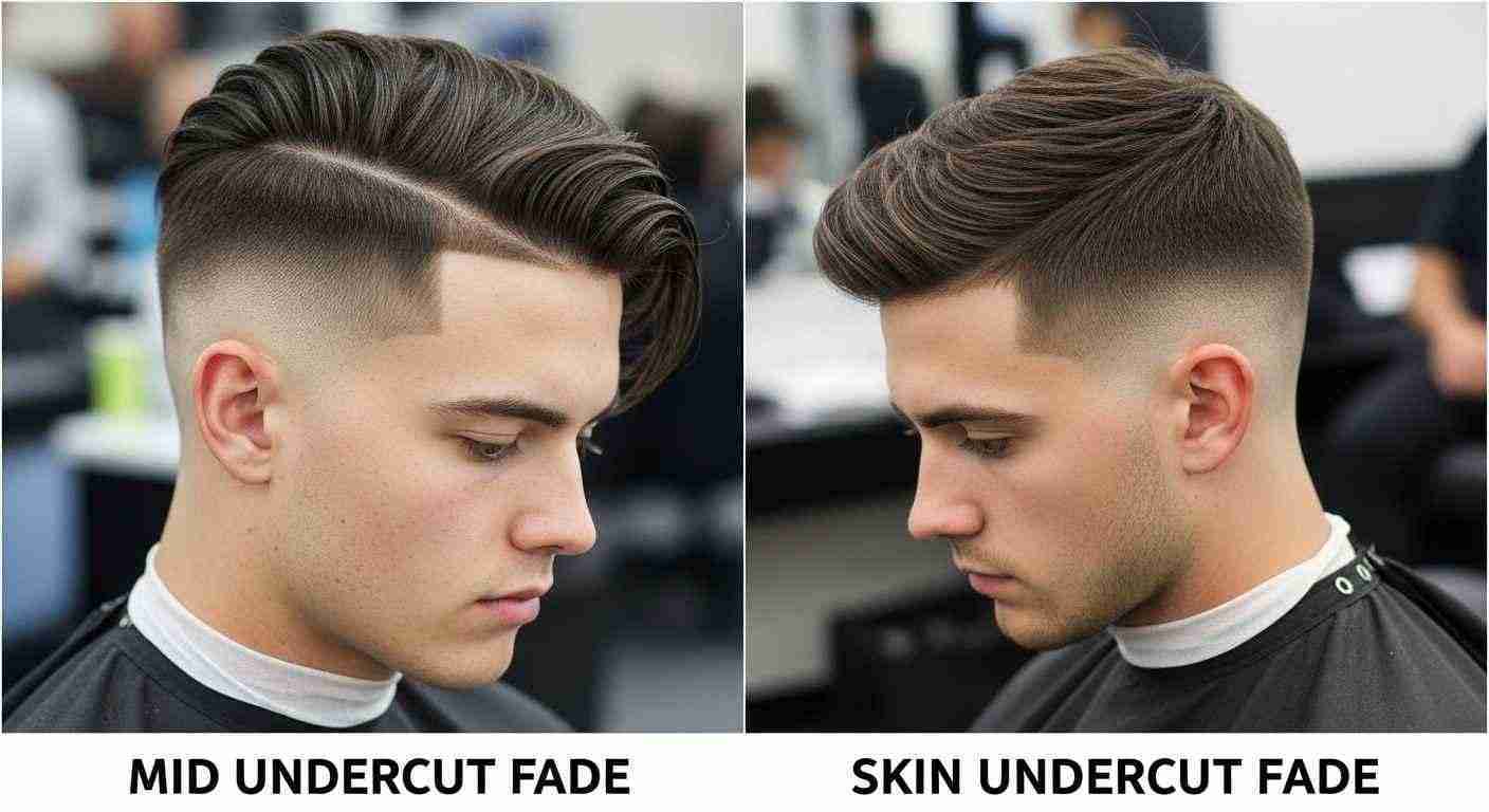 Undercut Fade Haircuts That Instantly Upgrade Your Style 7 Two images of a man showcasing a mid fade hairstyle and a skin undercut fade hairstyle.