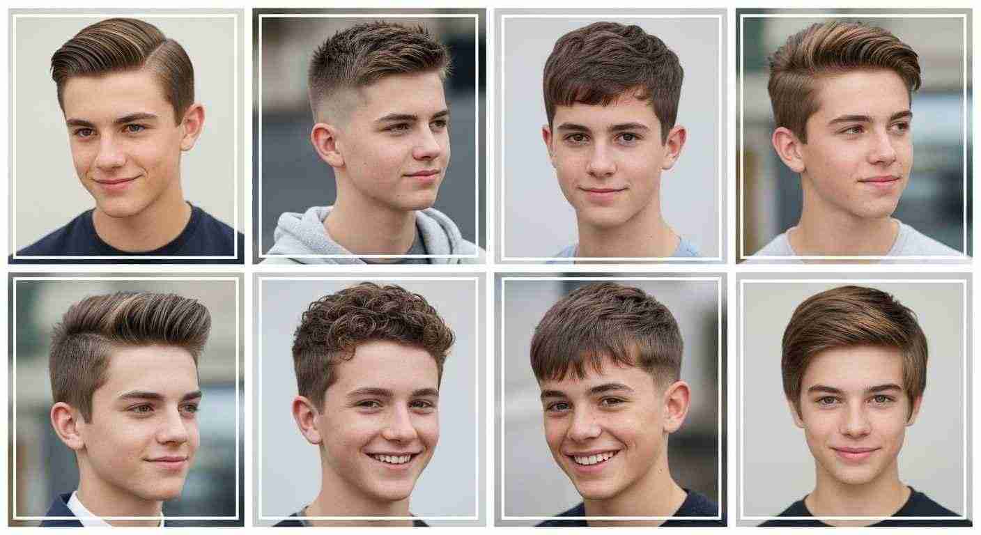 A collage showcasing boys with various school-appropriate haircuts and styles, highlighting diversity in hairstyles.