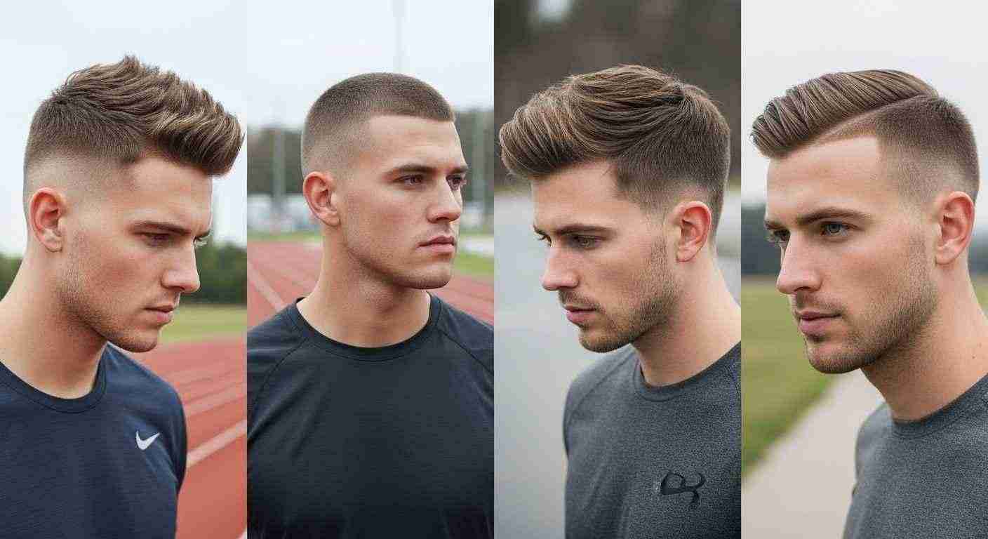 Proven Mens Hairstyles Every Man Should Try Right Now 13 Four images of men showcasing various hairstyles suitable for active lifestyles, highlighting versatility and style.