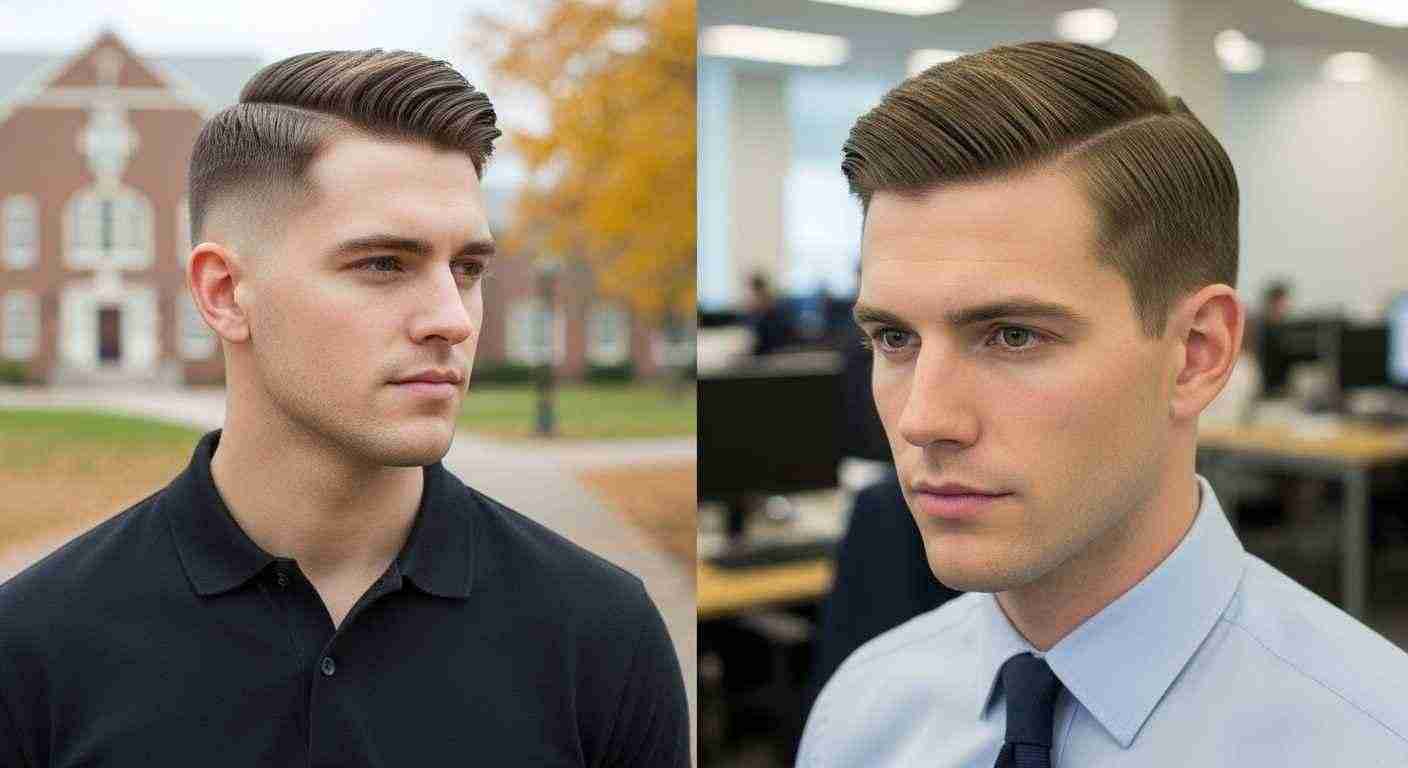 Two images of a man with a short haircut, showcasing Ivy League and professional styles.
