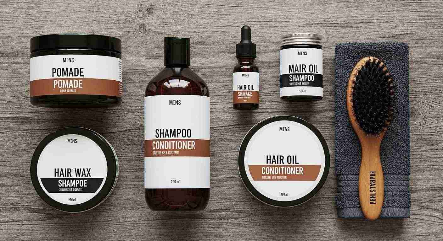 Proven Mens Hairstyles Every Man Should Try Right Now 19 Hair care products displayed on a wooden table, showcasing essential items for maintaining healthy hair.
