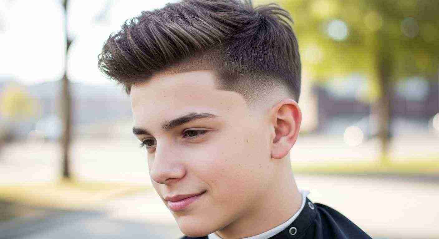 A young man with a short haircut, looking confidently at the camera, showcasing a modern hairstyle.