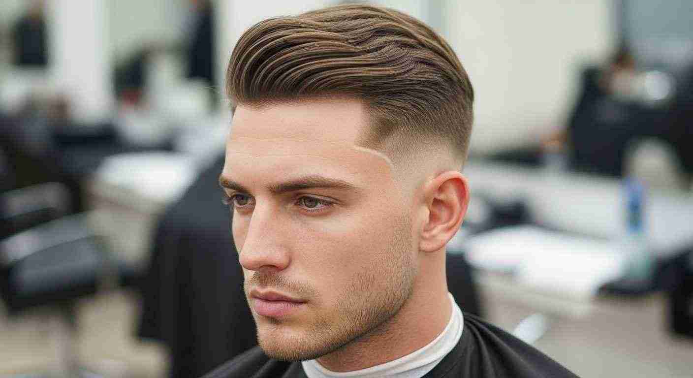 Medium Taper Fade Hacks for a Sharp Clean Look 19 A man with a medium taper fade haircut sits in a barber shop, showcasing his straight hair and relaxed demeanor.