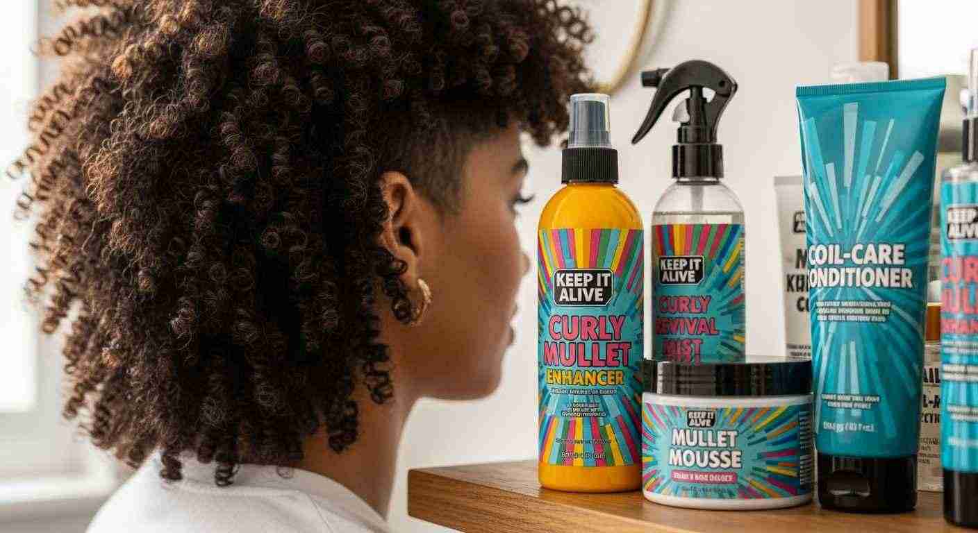 Curly Mullet: 5 Styles That Work: and 3 Cuts That Kill Your Natural Texture 7 A woman examines her hair care products, surrounded by items labeled "Products That Keep It Alive.