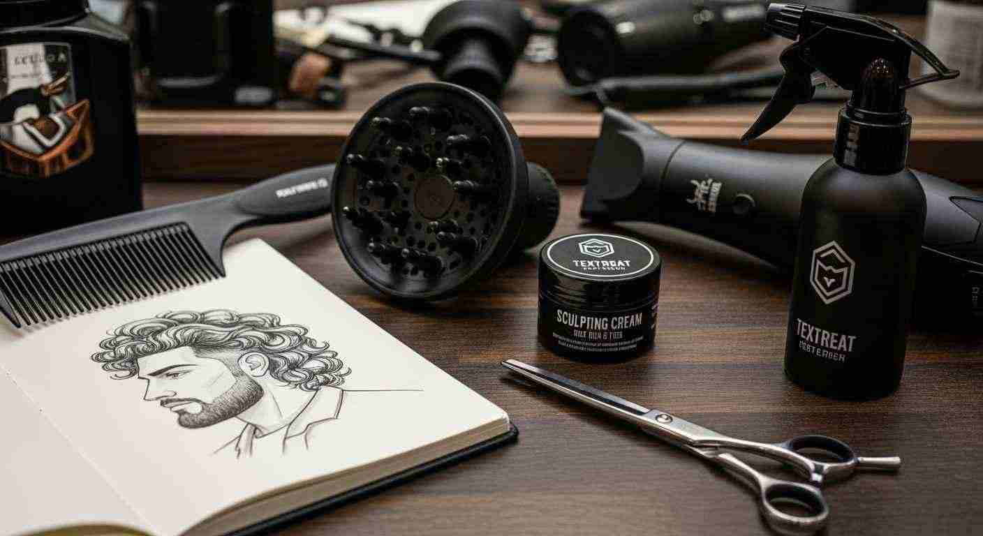 Curly Mullet: 5 Styles That Work: and 3 Cuts That Kill Your Natural Texture 13 A man's curly mullet hair on a table with a comb, hair dryer, and various hair care products for styling.