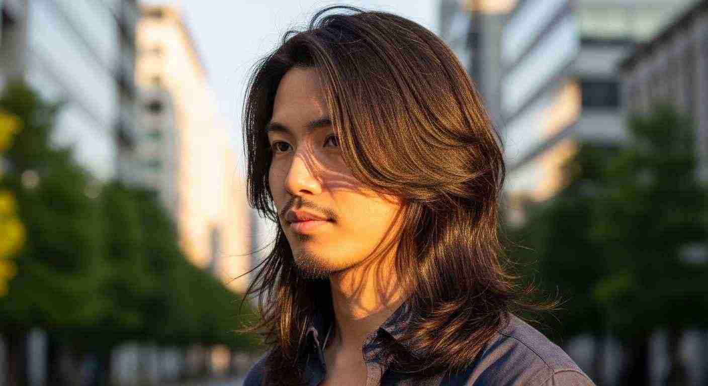 A man with layered long hair stands confidently in the middle of a bustling city street.