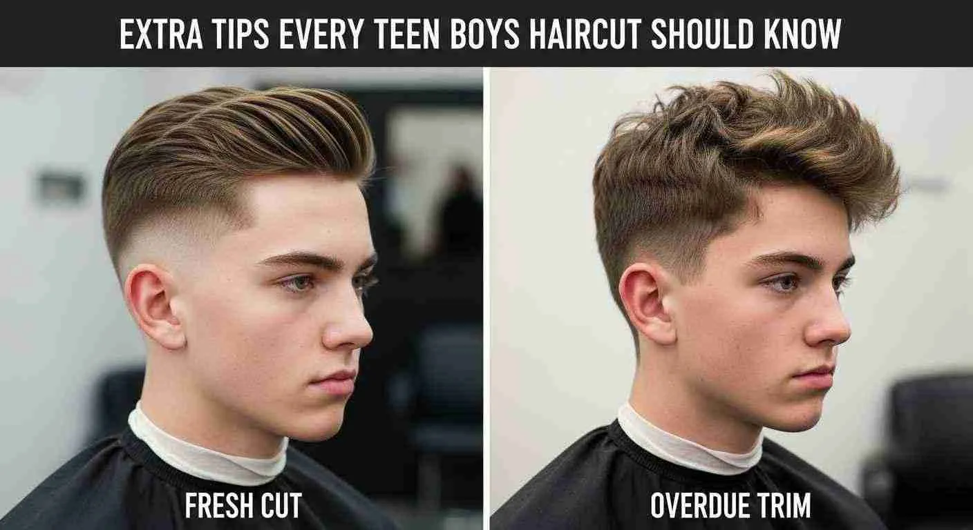 Side-by-side images of a boy with a fresh haircut and another with an overdue trim, showcasing the contrast in styles.