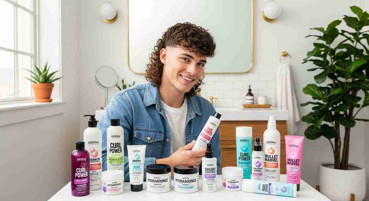 Curly Mullet: 5 Styles That Work: and 3 Cuts That Kill Your Natural Texture 15 A man sits at a table surrounded by various hair products designed for strong, healthy curls.