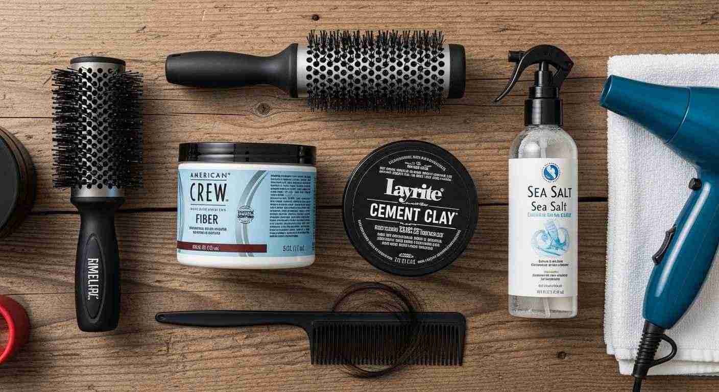 A selection of hair care products displayed on a wooden surface, featuring items for DIY styling and volume enhancement tips.