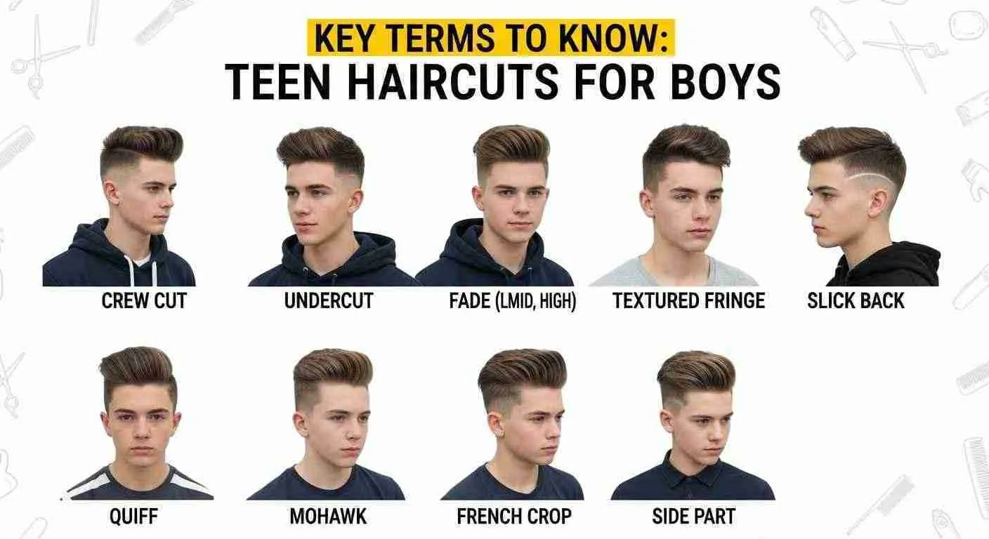 A collage of trendy teen boy haircuts showcasing various styles and lengths for youthful looks.