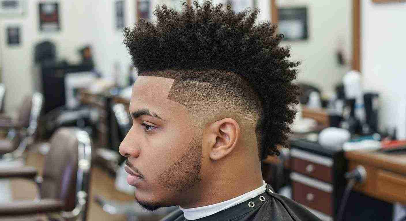 A man with a mohawk haircut sits in a barber shop, showcasing a burst and taper fade style.