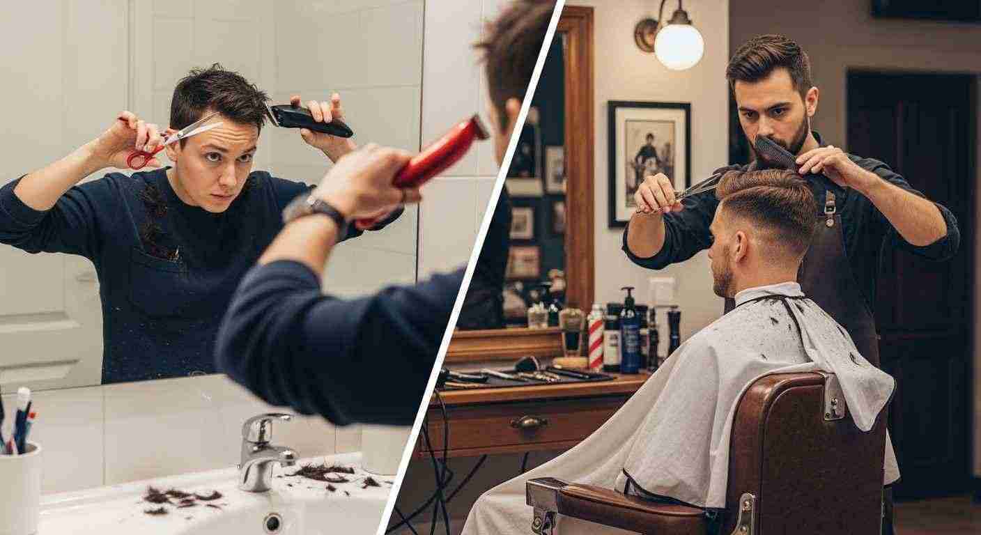 Short Haircuts for Men Barber Approved Styles You Must Try 23 Side-by-side images comparing a DIY haircut and a professional barber haircut on a man.
