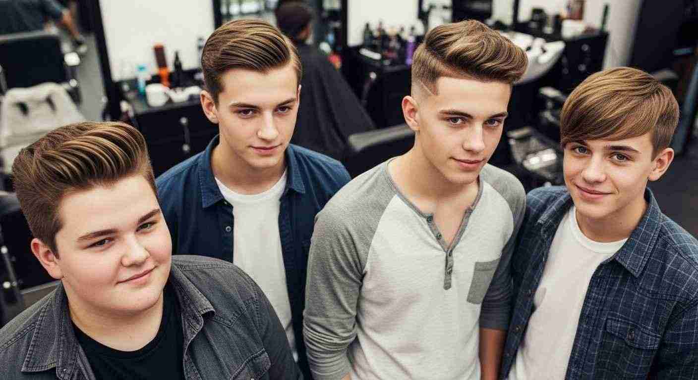 Four young men with matching haircuts stand together in a salon, discussing styles suited for their face shapes.