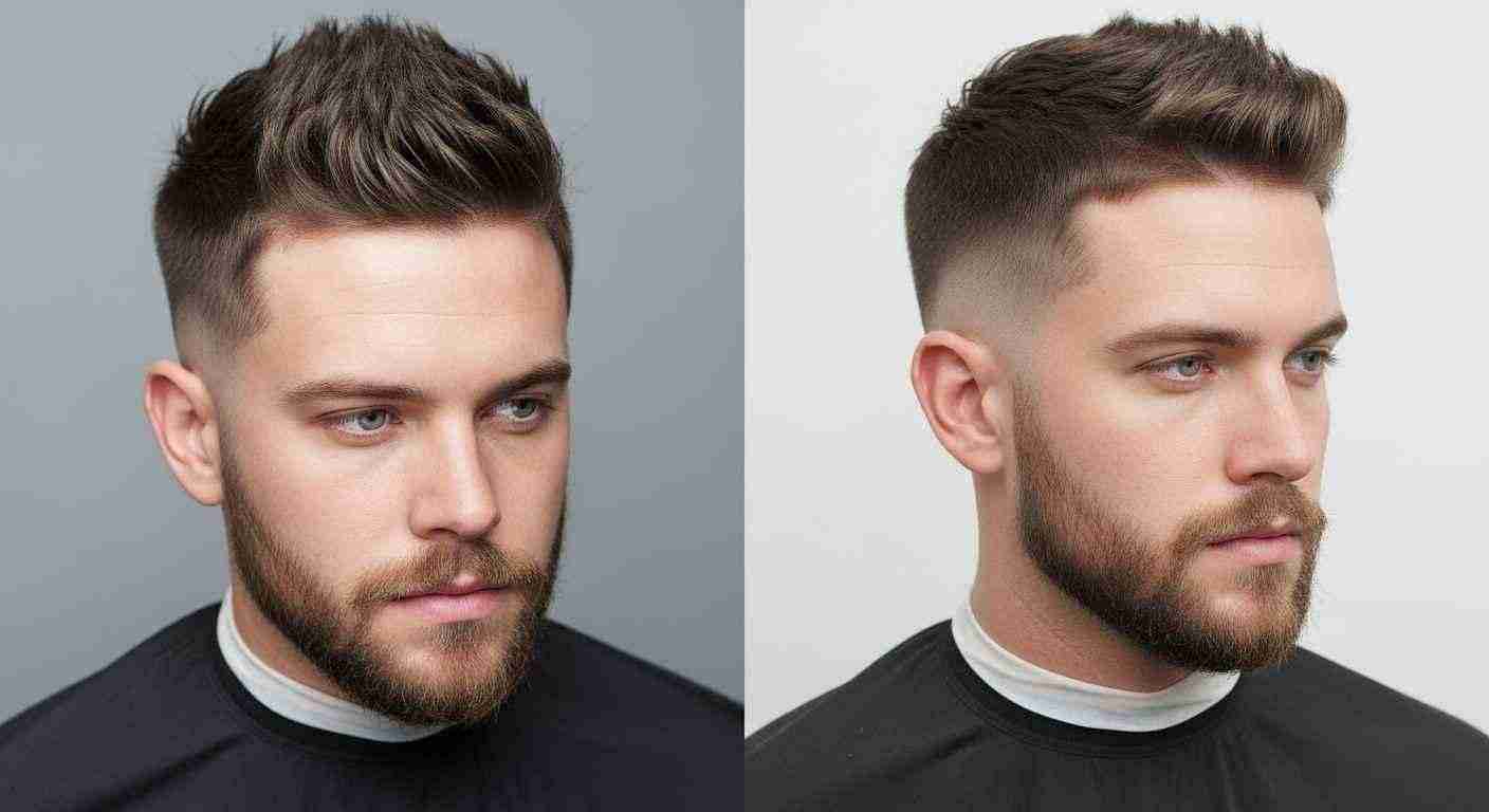 Short Haircuts for Men Barber Approved Styles You Must Try 9 A bearded man with a short haircut shown in a before-and-after comparison for a face shape guide.